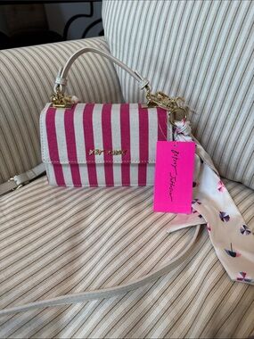 Betsey Johnson pink and cream striped mini crossbody bag with scarf NWT